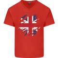 Torn British Flag Union Jack Britain Mens V-Neck Cotton T-Shirt Red