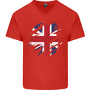 Torn British Flag Union Jack Britain Mens V-Neck Cotton T-Shirt Red