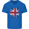 Torn British Flag Union Jack Britain Mens V-Neck Cotton T-Shirt Royal Blue