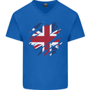 Torn British Flag Union Jack Britain Mens V-Neck Cotton T-Shirt Royal Blue