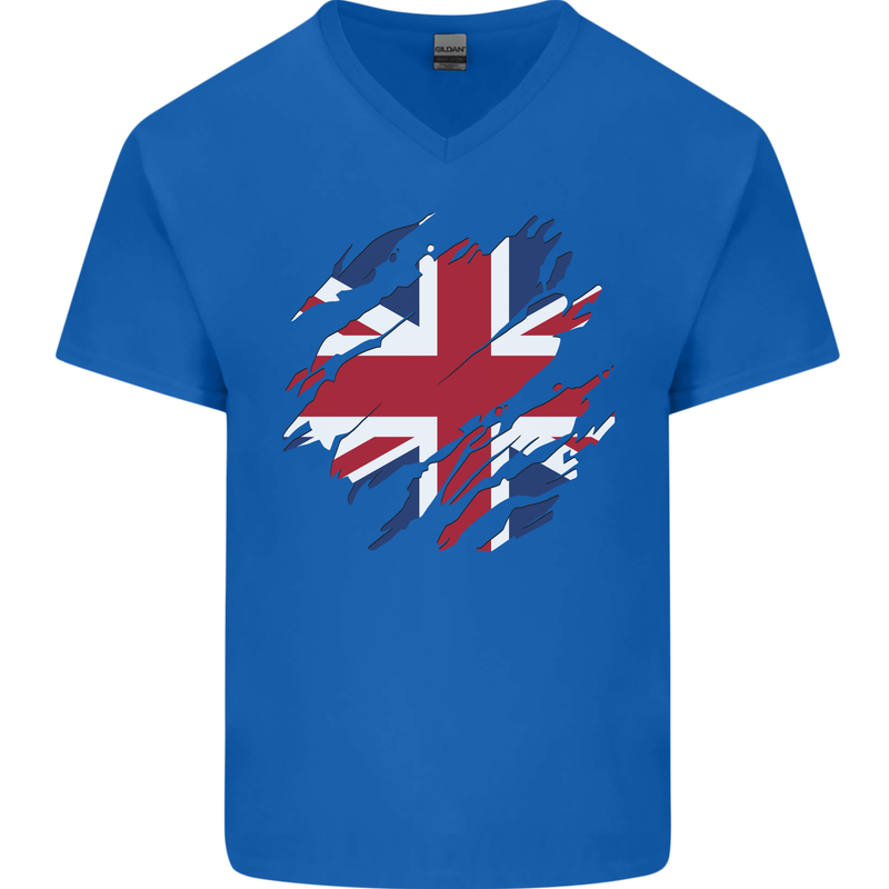 Torn British Flag Union Jack Britain Mens V-Neck Cotton T-Shirt Royal Blue