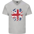 Torn British Flag Union Jack Britain Mens V-Neck Cotton T-Shirt Sports Grey