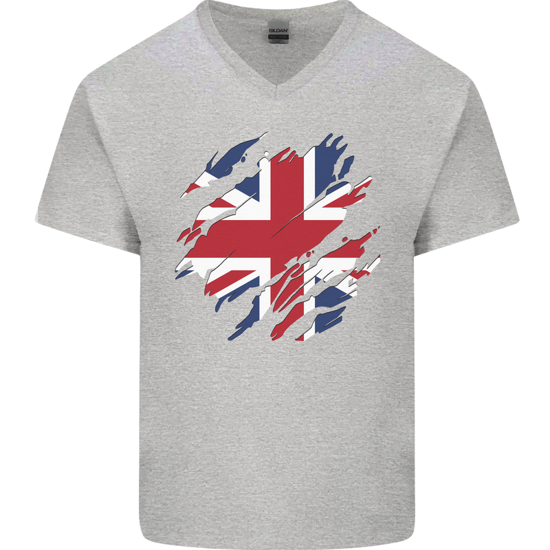 Torn British Flag Union Jack Britain Mens V-Neck Cotton T-Shirt Sports Grey