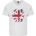 Torn British Flag Union Jack Britain Mens V-Neck Cotton T-Shirt White