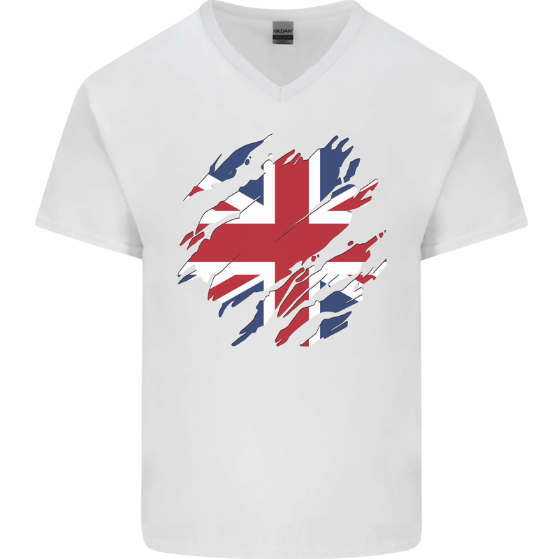 Torn British Flag Union Jack Britain Mens V-Neck Cotton T-Shirt White