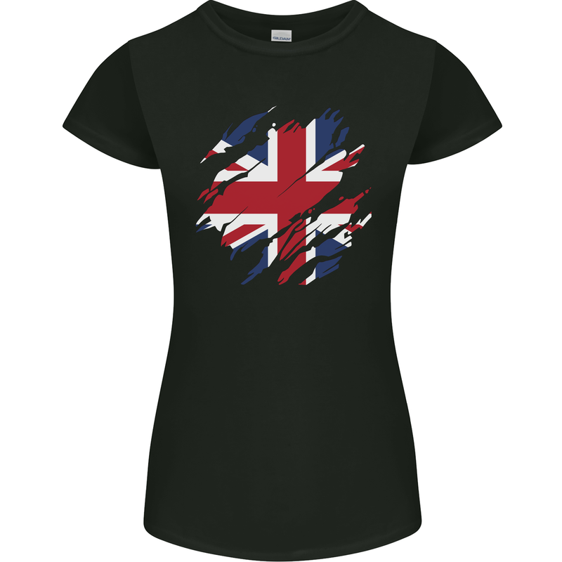 Torn British Flag Union Jack Britain Womens Petite Cut T-Shirt Black
