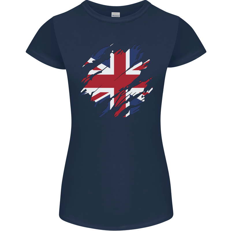Torn British Flag Union Jack Britain Womens Petite Cut T-Shirt Navy Blue