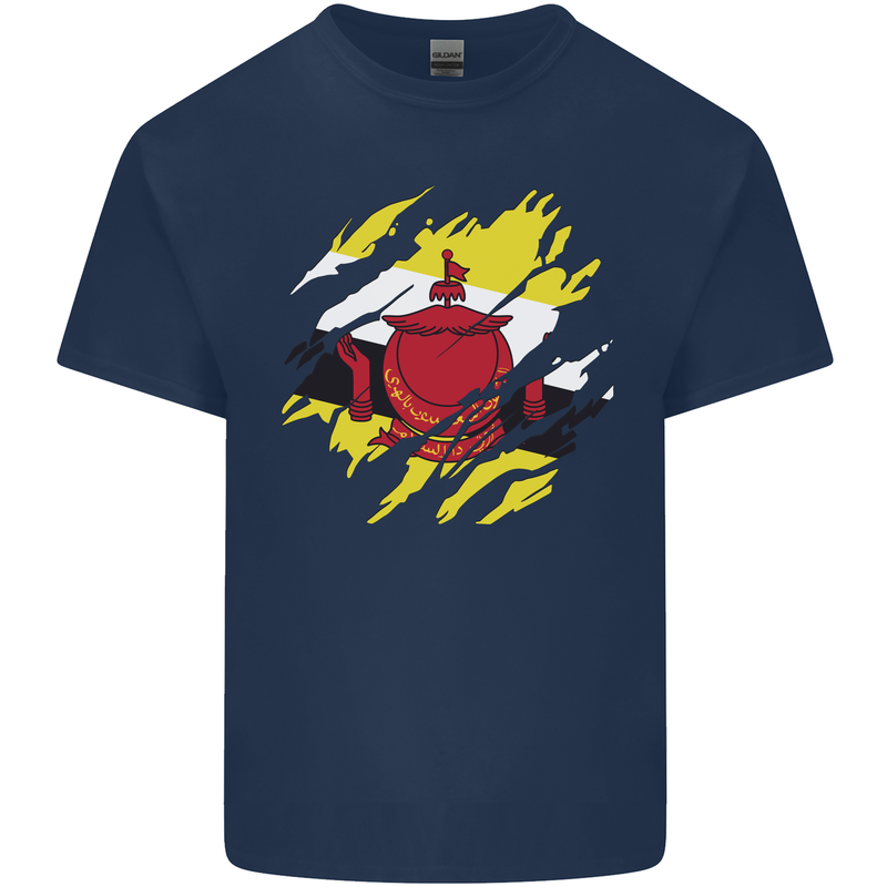 Torn Brunei Flag Bruneian Day Football Mens Cotton T-Shirt Tee Top Navy Blue