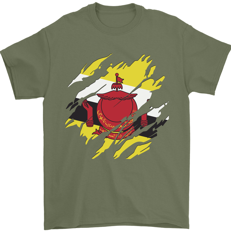 Torn Brunei Flag Bruneian Day Football Mens T-Shirt 100% Cotton Military Green