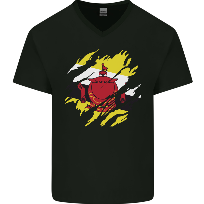 Torn Brunei Flag Bruneian Day Football Mens V-Neck Cotton T-Shirt Black