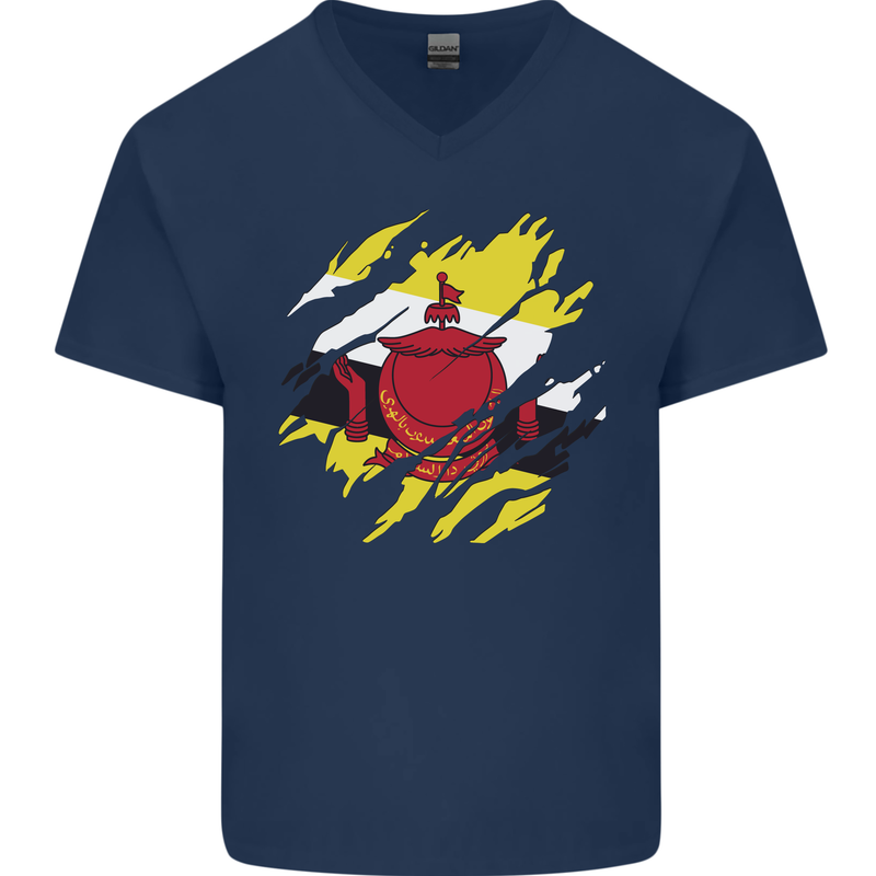 Torn Brunei Flag Bruneian Day Football Mens V-Neck Cotton T-Shirt Navy Blue
