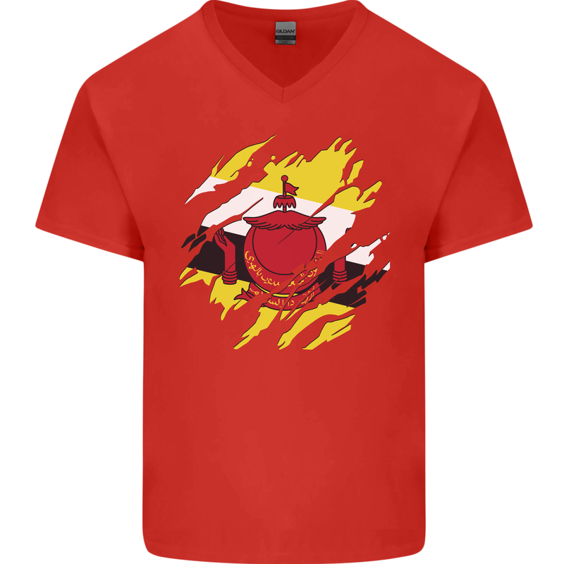 Torn Brunei Flag Bruneian Day Football Mens V-Neck Cotton T-Shirt Red