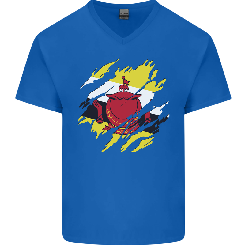 Torn Brunei Flag Bruneian Day Football Mens V-Neck Cotton T-Shirt Royal Blue