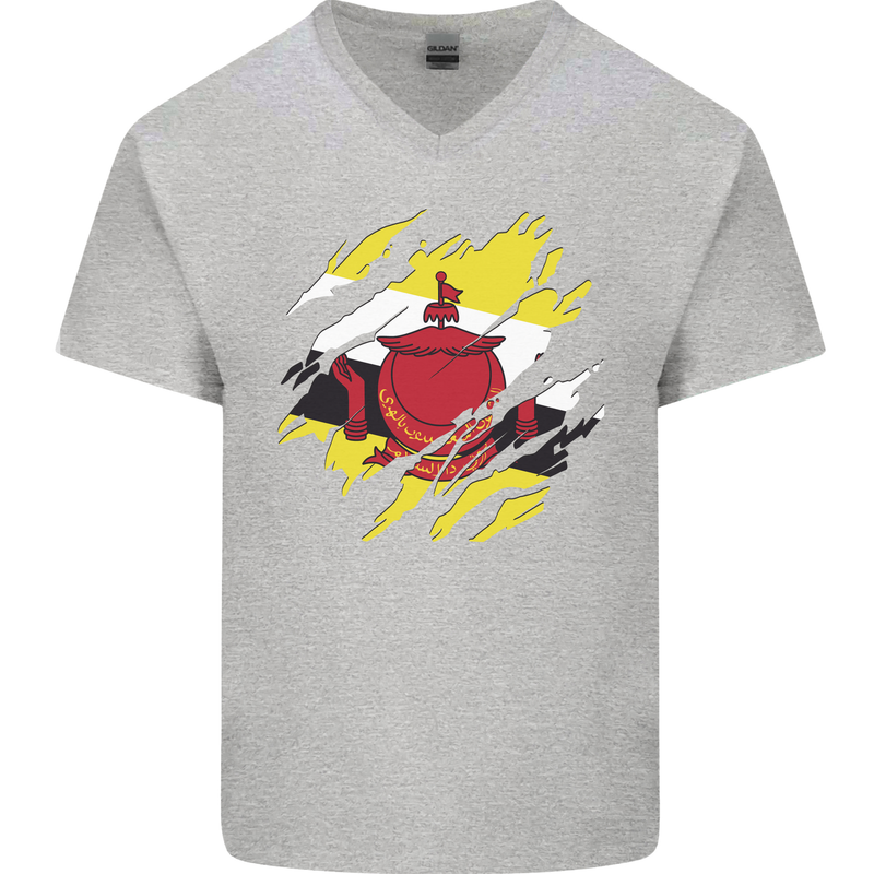Torn Brunei Flag Bruneian Day Football Mens V-Neck Cotton T-Shirt Sports Grey
