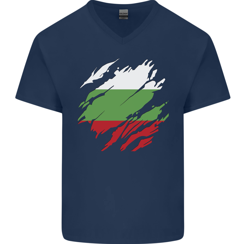 Torn Bulgaria Flag Bulgarian Day Football Mens V-Neck Cotton T-Shirt Navy Blue