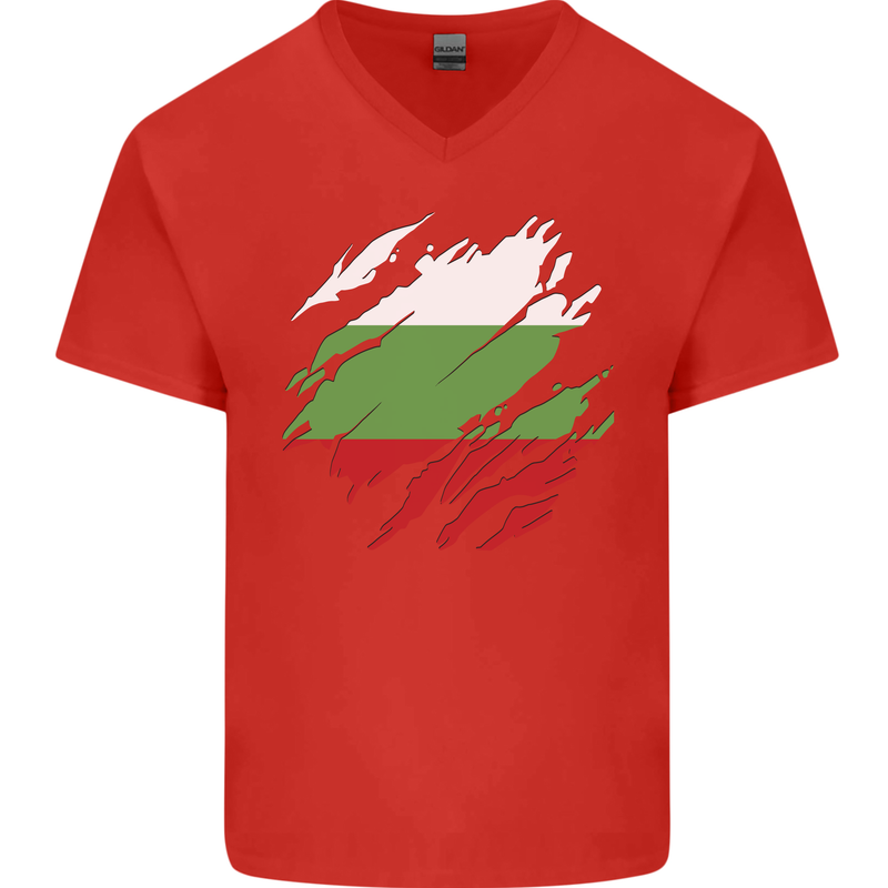 Torn Bulgaria Flag Bulgarian Day Football Mens V-Neck Cotton T-Shirt Red