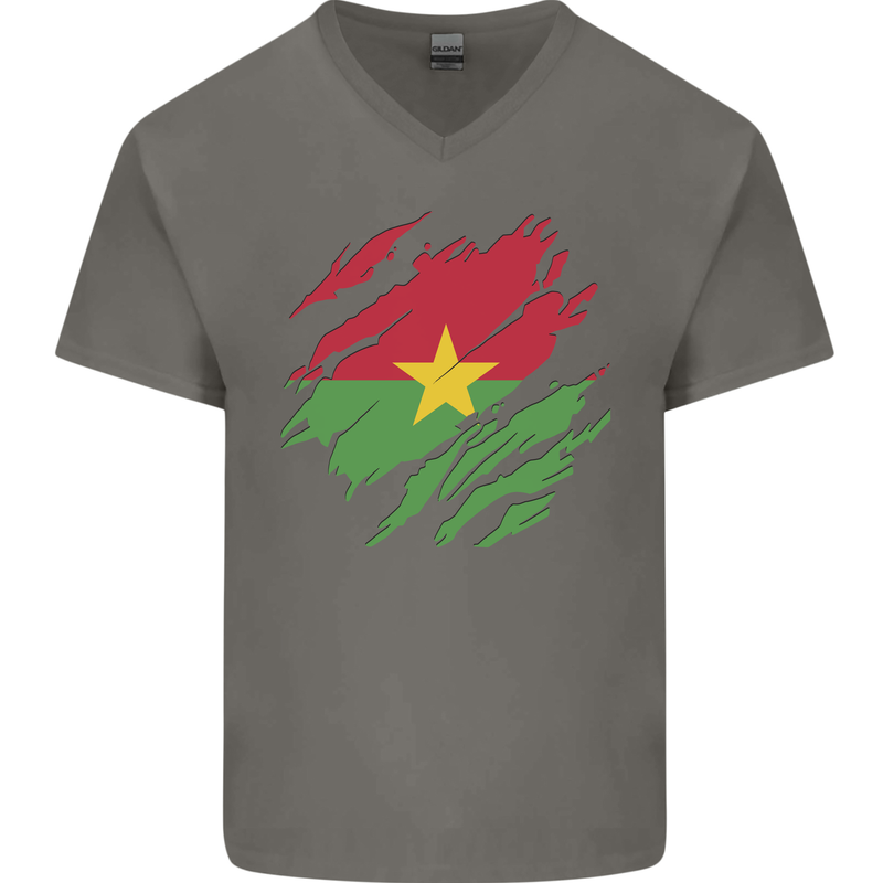 Torn Burkina Faso Flag Day Football Mens V-Neck Cotton T-Shirt Charcoal