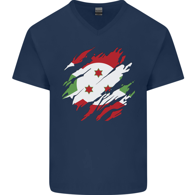 Torn Burundi Flag Burundians Day Football Mens V-Neck Cotton T-Shirt Navy Blue