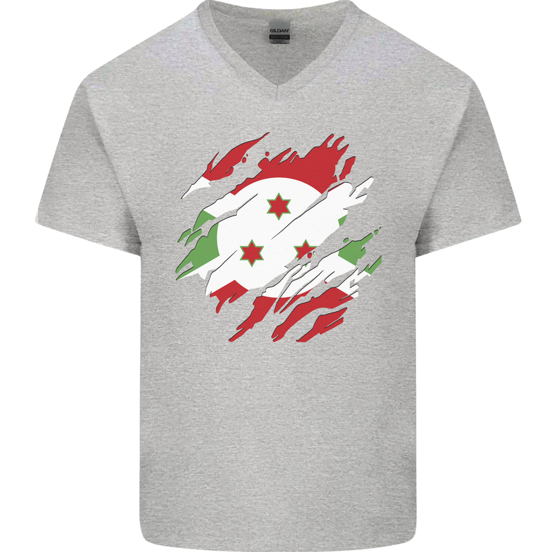 Torn Burundi Flag Burundians Day Football Mens V-Neck Cotton T-Shirt Sports Grey