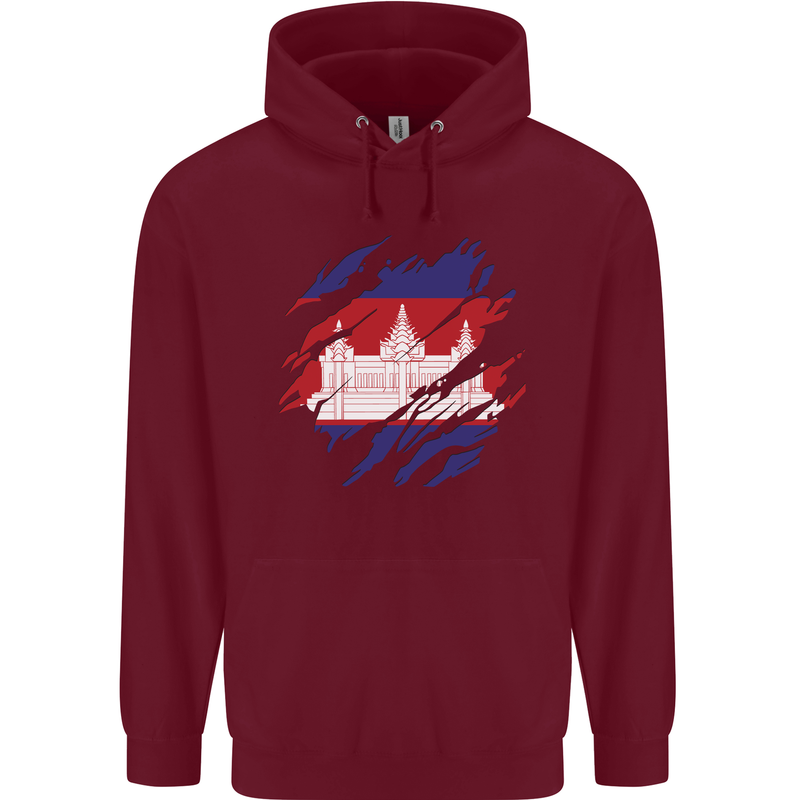 Torn Cambodia Flag Cambodian Day Football Childrens Kids Hoodie Maroon