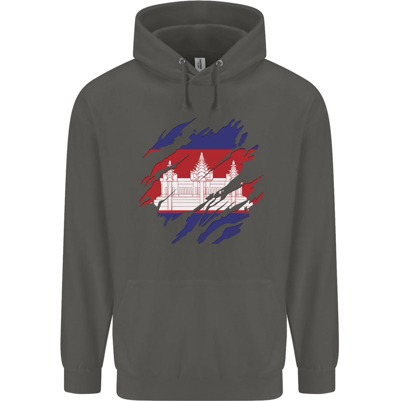 Torn Cambodia Flag Cambodian Day Football Childrens Kids Hoodie Storm Grey