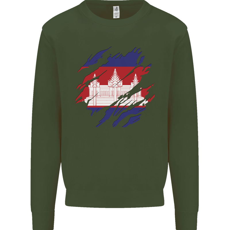 Torn Cambodia Flag Cambodian Day Football Kids Sweatshirt Jumper Forest Green