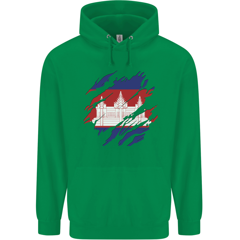 Torn Cambodia Flag Cambodian Day Football Mens 80% Cotton Hoodie Irish Green