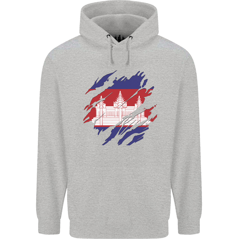 Torn Cambodia Flag Cambodian Day Football Mens 80% Cotton Hoodie Sports Grey