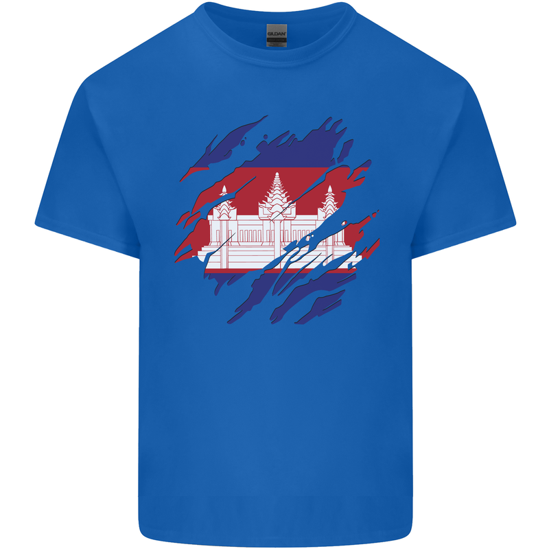 Torn Cambodia Flag Cambodian Day Football Mens Cotton T-Shirt Tee Top Royal Blue