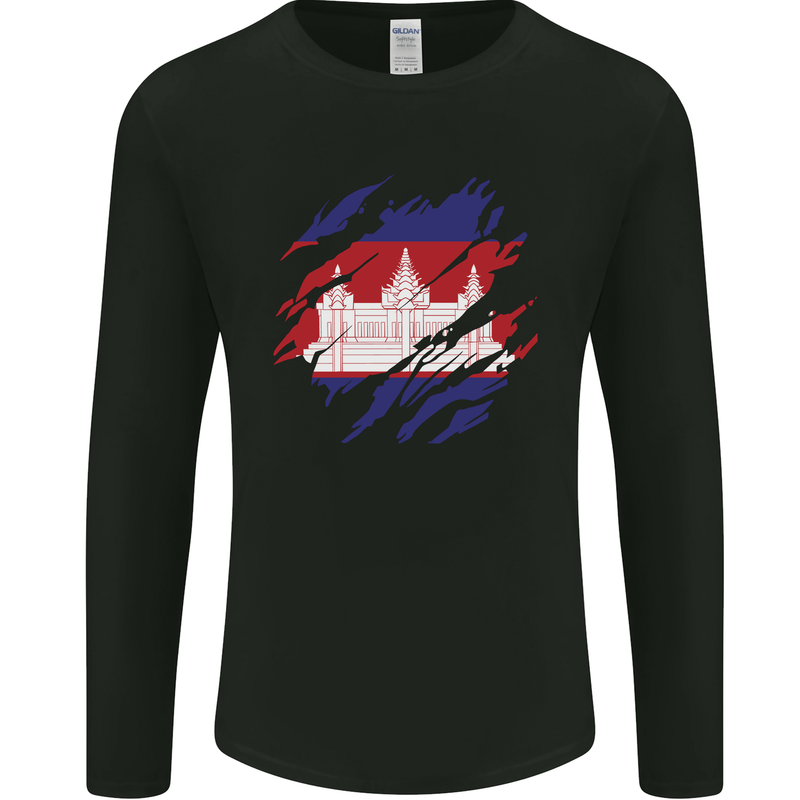 Torn Cambodia Flag Cambodian Day Football Mens Long Sleeve T-Shirt Black