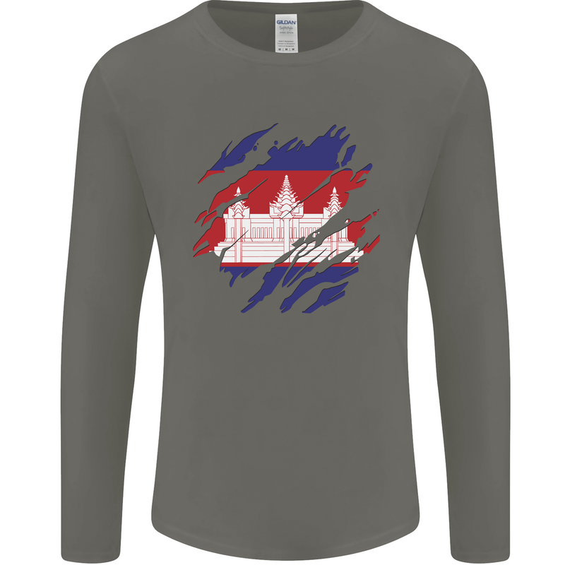 Torn Cambodia Flag Cambodian Day Football Mens Long Sleeve T-Shirt Charcoal