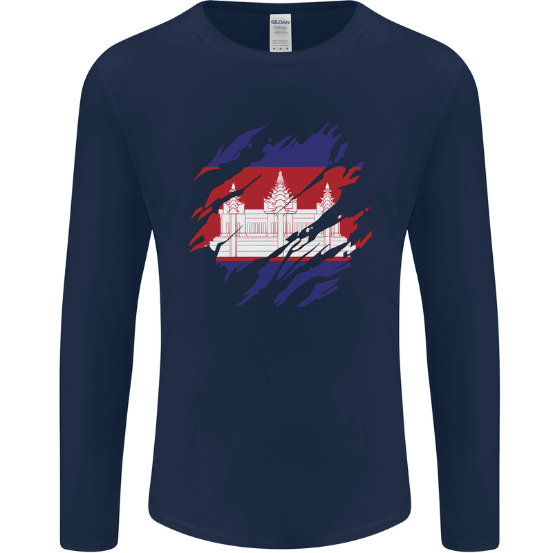 Torn Cambodia Flag Cambodian Day Football Mens Long Sleeve T-Shirt Navy Blue