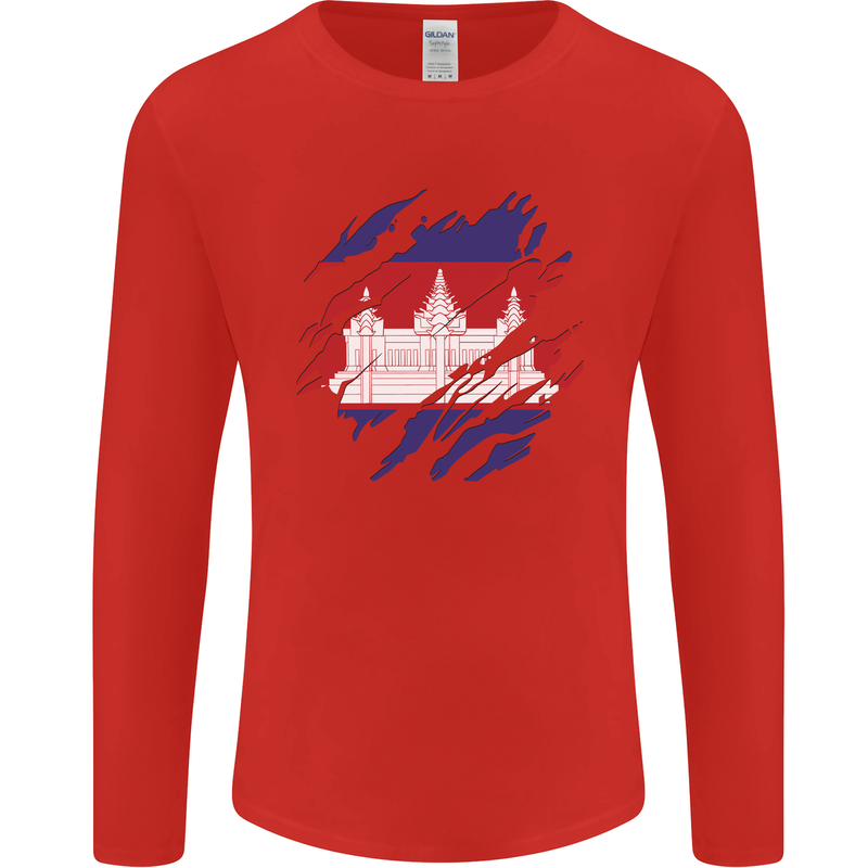 Torn Cambodia Flag Cambodian Day Football Mens Long Sleeve T-Shirt Red