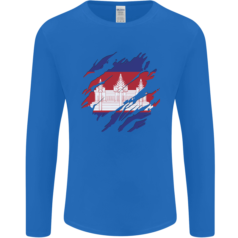 Torn Cambodia Flag Cambodian Day Football Mens Long Sleeve T-Shirt Royal Blue