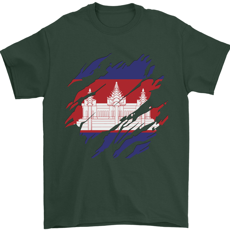 Torn Cambodia Flag Cambodian Day Football Mens T-Shirt 100% Cotton Forest Green