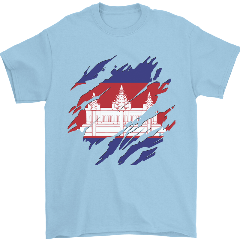 Torn Cambodia Flag Cambodian Day Football Mens T-Shirt 100% Cotton Light Blue