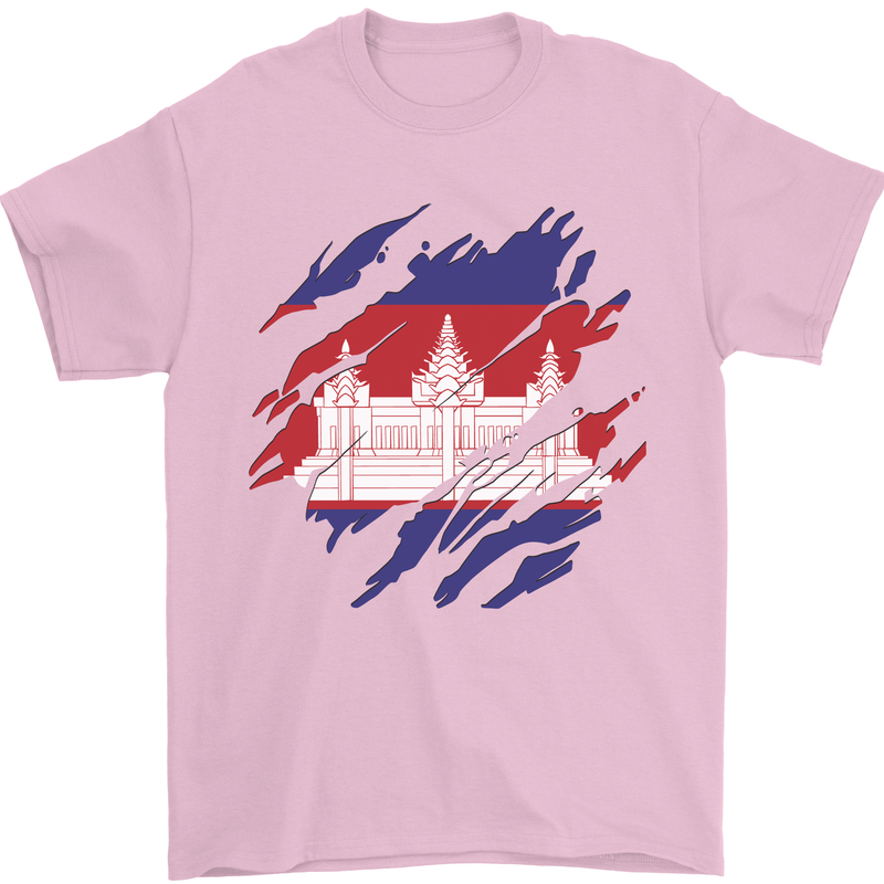 Torn Cambodia Flag Cambodian Day Football Mens T-Shirt 100% Cotton Light Pink