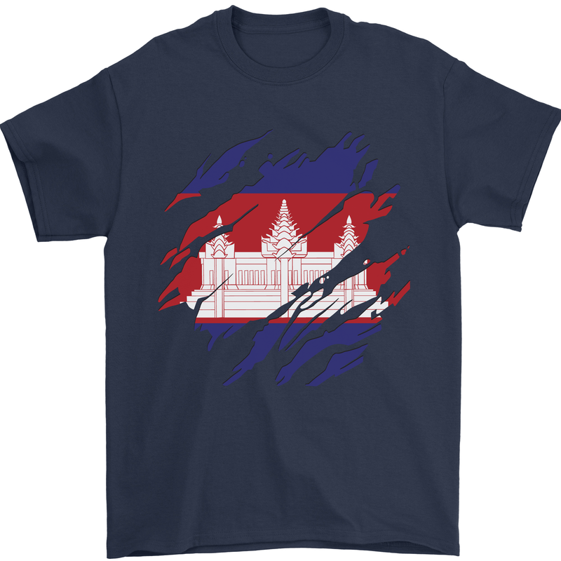 Torn Cambodia Flag Cambodian Day Football Mens T-Shirt 100% Cotton Navy Blue