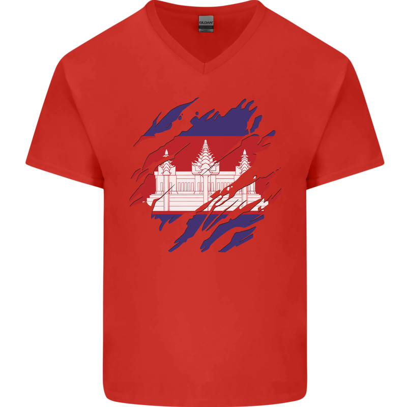 Torn Cambodia Flag Cambodian Day Football Mens V-Neck Cotton T-Shirt Red