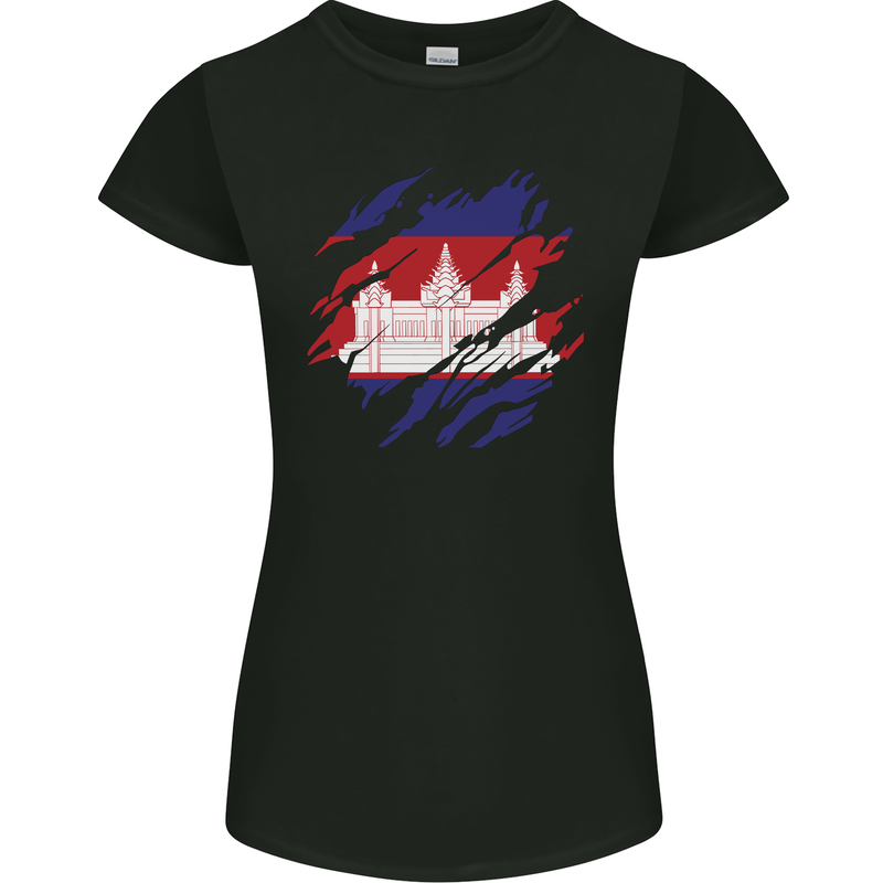 Torn Cambodia Flag Cambodian Day Football Womens Petite Cut T-Shirt Black