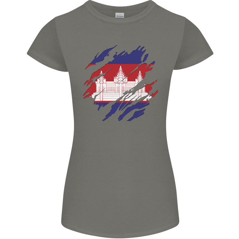 Torn Cambodia Flag Cambodian Day Football Womens Petite Cut T-Shirt Charcoal