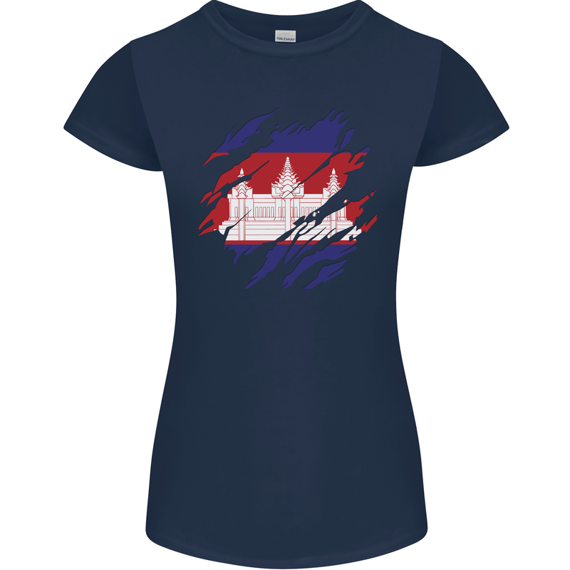Torn Cambodia Flag Cambodian Day Football Womens Petite Cut T-Shirt Navy Blue