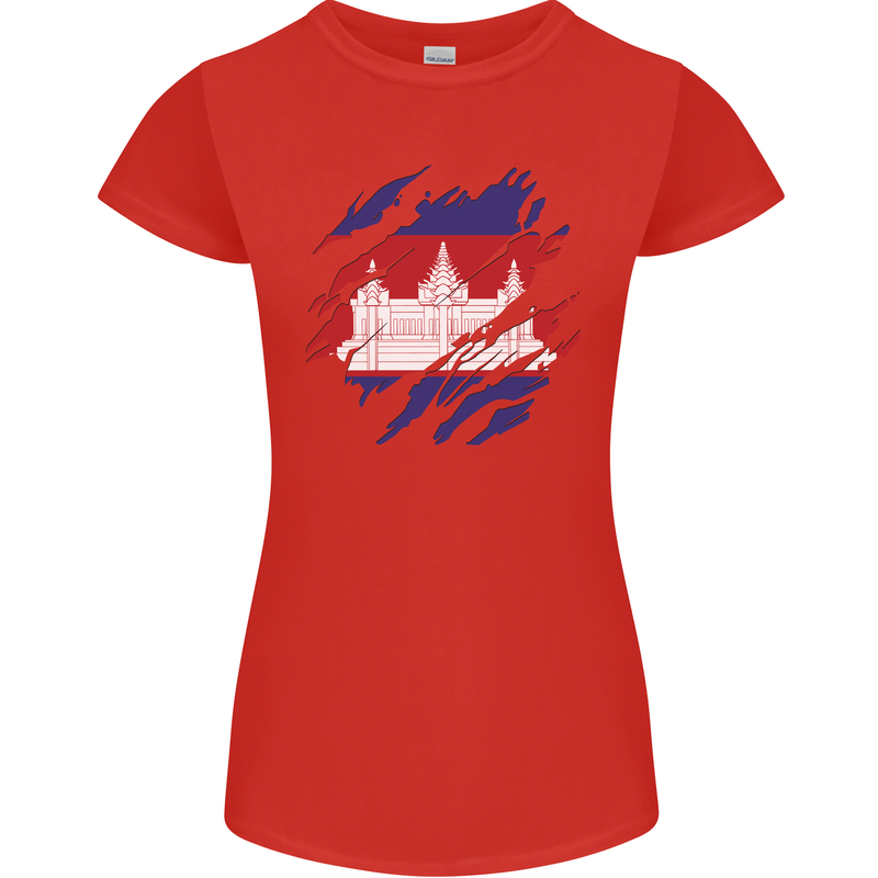 Torn Cambodia Flag Cambodian Day Football Womens Petite Cut T-Shirt Red