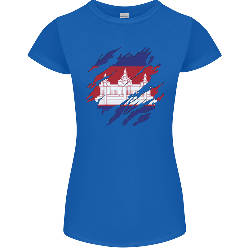 Torn Cambodia Flag Cambodian Day Football Womens Petite Cut T-Shirt Royal Blue