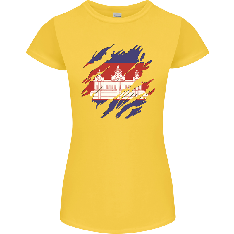 Torn Cambodia Flag Cambodian Day Football Womens Petite Cut T-Shirt Yellow