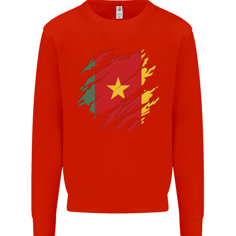 Torn Cameroon Flag Cameroonian Day Football Kids Sweatshirt Jumper Bright Red