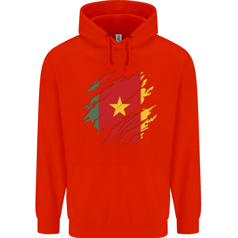 Torn Cameroon Flag Cameroonian Day Football Mens 80% Cotton Hoodie Bright Red
