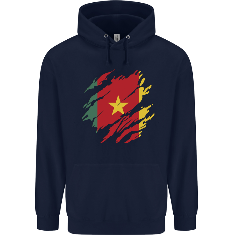 Torn Cameroon Flag Cameroonian Day Football Mens 80% Cotton Hoodie Navy Blue