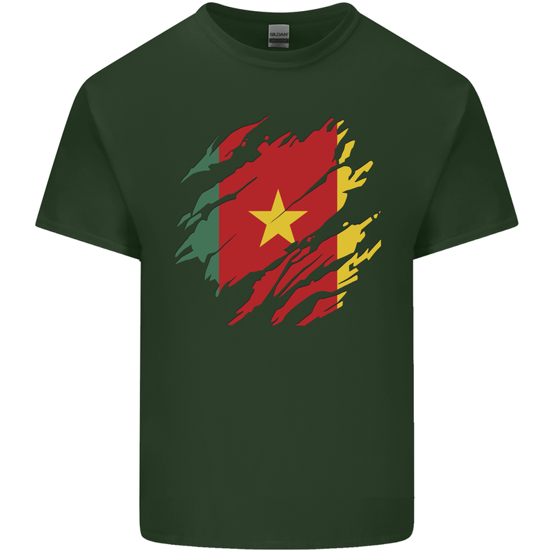 Torn Cameroon Flag Cameroonian Day Football Mens Cotton T-Shirt Tee Top Forest Green