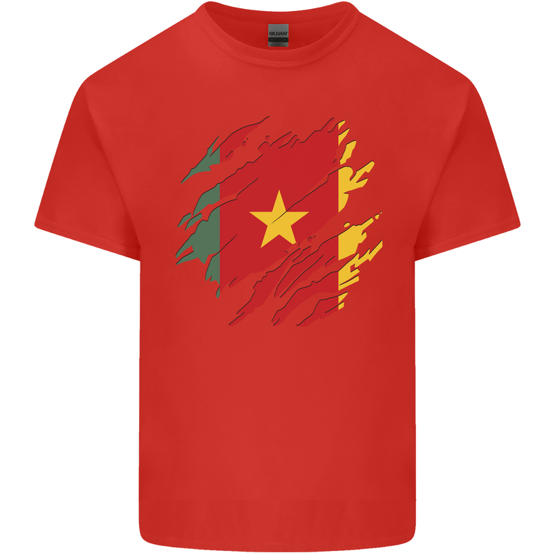 Torn Cameroon Flag Cameroonian Day Football Mens Cotton T-Shirt Tee Top Red